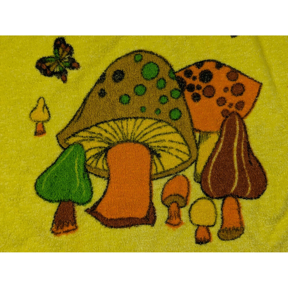 Vtg Cannon Merry Mushroom Hand Towel Yellow 1970s Toadstool Bathroom Kitchen